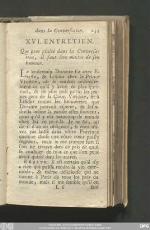 XVI. Entretien. Que pour plaire dans la Conversation, il faut être maître de son humeur.
