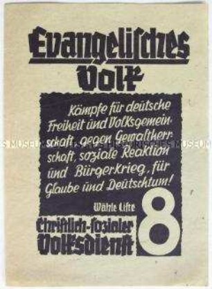 Handzettel mit dem Aufruf zur Wahl des Christlich-Sozialen Volkssdienstes bei der Reichstagswahl 1933 (?)