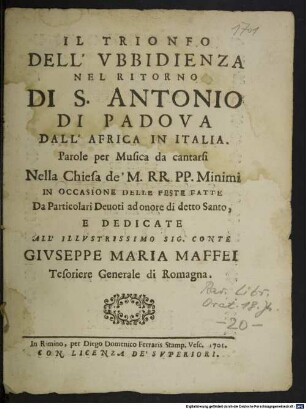 Il trionfo dell'ubbidienza nel ritorno di S. Antonio di Padova dall'Africa in Italia