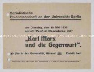 Handzettel mit der Einladung zu einer Diskussions- Veranstaltung mit Prof. Alfred Rosenberg über die Lehren von Karl Marx