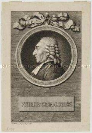 Profilbildnis des Predigers Friedrich Germanus Lüdke in einem Medaillonrahmen mit Schleife - Titelkupfer zum 63. Band der "Allgemeinen Deutschen Bibltiothek" aus dem Jahr 1785