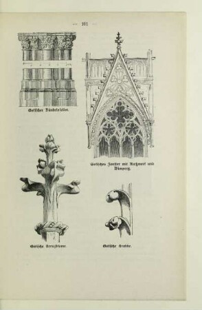 Gotischer Bündelpfeiler; Gotisches Fenster mit Maßwerk und Wimperg; Gotische Kreuzblume; Gotische Krabbe