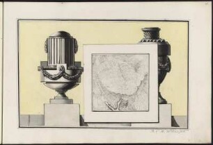 Lehmannsche Schraffen und Prunkvasen, Federzeichnung, bis 1802 : Band 1: Seite 11: [Lehmannsche Schraffen und Prunkvasen] / A. C. H. Wilcke jun.. - [Annaburg, bis 1802]. - 1 Blatt ; Handzeichnung, koloriert, 17 x 27 cm