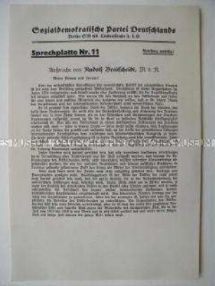 Textblatt zu einer Schallplatte mit einer Rede des Reichstagsabgeordneten Rudolf Breitscheid (SPD)