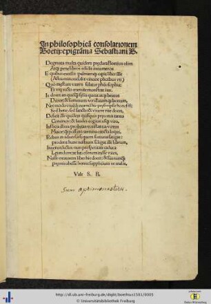 In philosophia consolationem Boethii: Epigramma Sebastiani B.