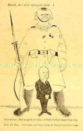 Postkarte der dänischen Widerstandsbewegung aus dem 2. Weltkrieg mit Karikatur