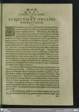 Dissertatio XXXIV. De Subjectis Et Organis Generationis