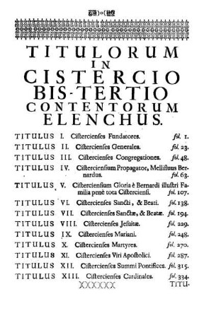 Titulorum In Cistercio Bis-Tertio Contentorum Elenchus