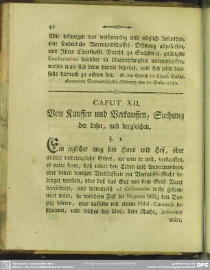 Caput XII. Von Kauffen und Verkauffen, Suchung der Lehn, und dergleichen