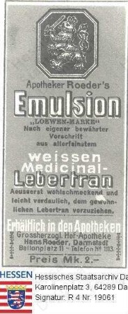 Darmstadt, Großherzogliche Hofapotheke Hans Roeder / Werbung für die Emulsion 'Löwen-Marke' mit hessischem Löwen im Logo