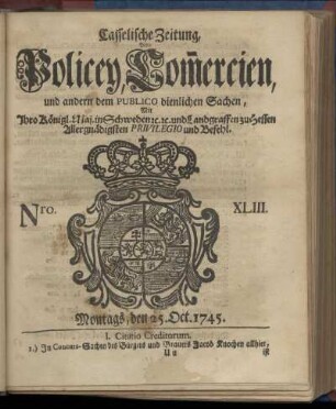 Nro. XLIII, Montags, den 25. Oct. 1745