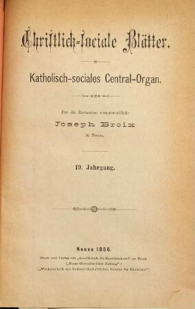 Christlich-sociale Blätter : katholisch-sociales Central-Organ. 19. 1886