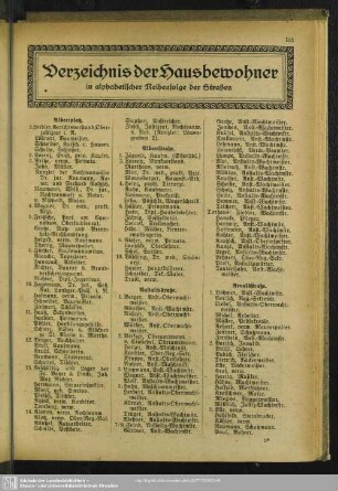 Häuserbuch : Verzeichnis der Hausbewohner in alphabetischer Reihenfolge der Straßen