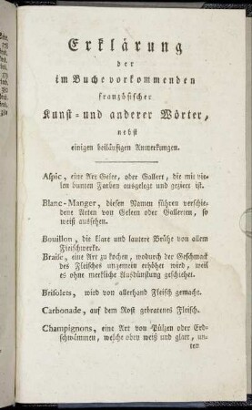 Erklaerung der im Buche vorkommenden franzoesischer Kunst- und anderer Woerter, nebst einigen beilaeufigen Anmerkungen