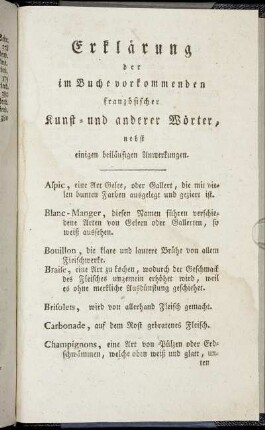 Erklaerung der im Buche vorkommenden franzoesischer Kunst- und anderer Woerter, nebst einigen beilaeufigen Anmerkungen