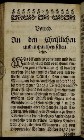 Vorred. An den Christlichen und unpartheyischen Leser.