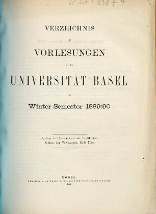 Verzeichnis der Vorlesungen. 1889/90. WS.