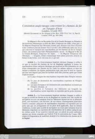(31) Convention anglo-turque concernant les chemins de fer en Turquie d'Asie Londres, 12 août 1913