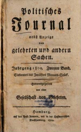 Politisches Journal : Darstellung des Weltlaufs in den Begebenheiten und Staatsacten. 1800,2