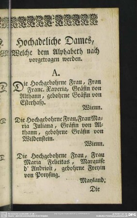 Hochadeliche Dames, Welche dem Alphabeth nach vorgetragen werden
