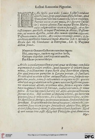 Lectori Laurentius Pignorius