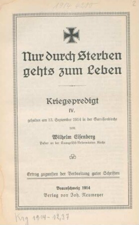 4: Nur durch Sterben gehts zum Leben : gehalten am 13. September 1914 in der Garnisonkirche