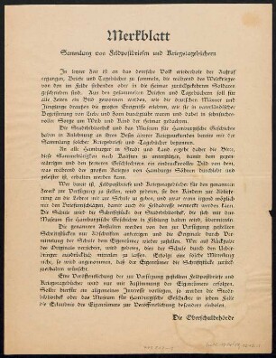 Merkblatt: Sammlung von Feldpostbriefen und Kriegstagebüchern