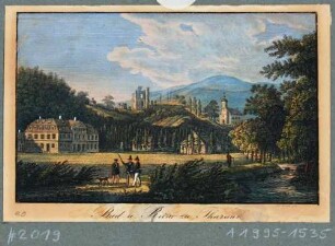 Tharandt, Blick aus dem Tal der Wilden Weißeritz auf Kurbad (Kaltwasser-Heilanstalt), Burgruine und Stadt- und Bergkirche