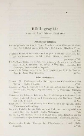 Bibliographie vom 15. April bis 15. Juni 1863.
