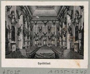 Der Speisesaal im Jagdschloss Moritzburg bei Dresden mit zahlreichen Jagdtrophäen an den Wänden