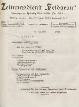 7.1916: Zeitungsdienst Feldgrau