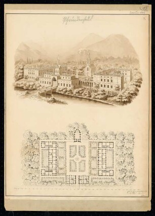 Pfründenhaus Monatskonkurrenz Januar 1843: Gesamtgrundriss Erdgeschoss, perspektivische Ansicht (Vogelschau); Maßstabsleiste