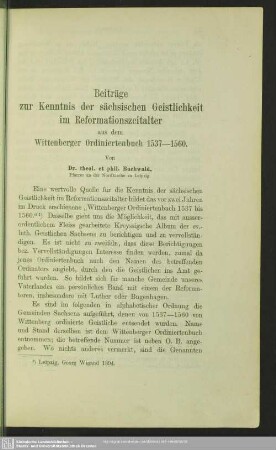 Beiträge zur Kenntnis der sächsischen Geistlichkeit im Reformationszeitalter aus dem Wittenberger Ordiniertenbuch 1537-1560