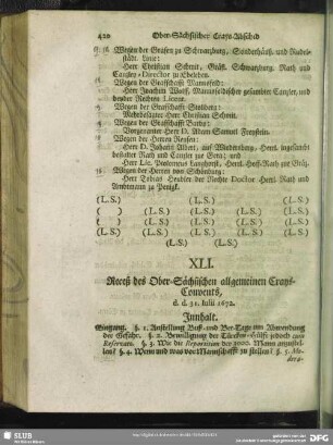 XLI. Receß des Ober-Sächsischen allgemeinen Crays-Convents, d. d. 31. Iulii 1672