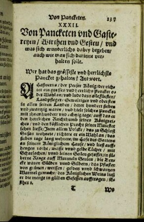 XXXII. Von Pancketen und Gastereyen/ Wirthen und Gesten/ und was sich wunderlichs dabey begeben [...]