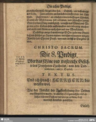 Die 8. Predigt. Uber das schöne und trostreiche Gesichte des Propheten Ezechielis, von den Todtenbeinen, am 37. Capitel