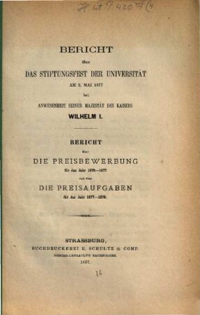 Bericht über die Preisaufgaben für das Jahr .... Preisbewerbung 1876/77 und Preisaufgaben 1877/78