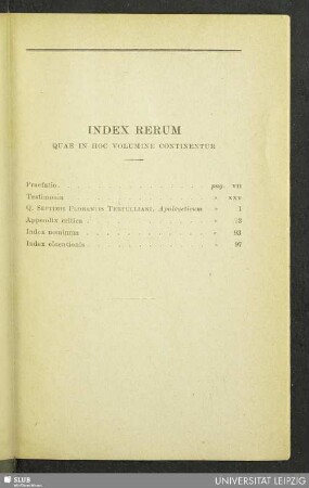 Index Rerum Quae In Hoc Volumine Continentur