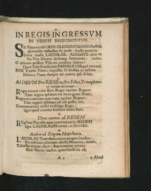 In Regis In Gressum In Urbem Regiomontem.