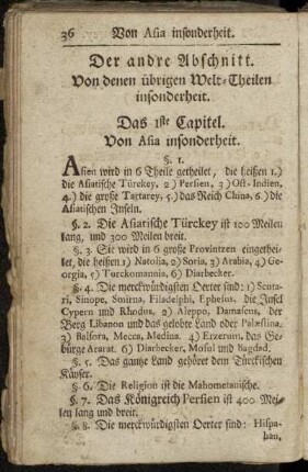 Der andre Abschnitt. Von denen übrigen Welt-Theilen insonderheit.