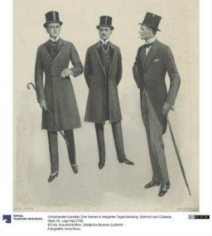 Drei Herren in eleganter Tageskleidung: Gehrock und Cutaway