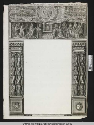 Rahmenblatt mit Schmucksäulen, Papst und König; oben Himmelsdarstellung, Mittelfeld leer.