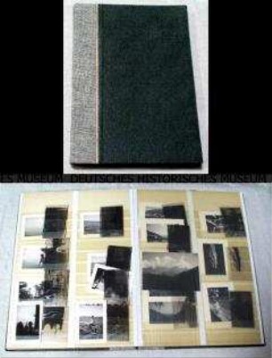 Steckbild-Fotoalbum (eigentlich: Briefmarkenalbum) mit Reisefotos und dazugehörigen Negativen