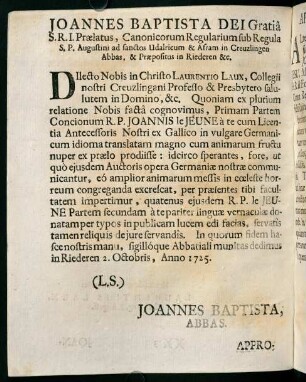 b3v-b4r, Joannes Baptista Dei Gratiâ. Approbatio Ordinarii