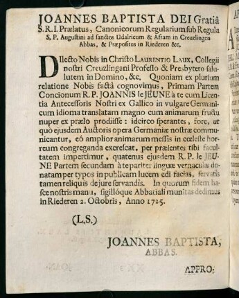 b3v-b4r, Joannes Baptista Dei Gratiâ. Approbatio Ordinarii