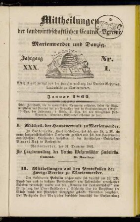 Mittheilungen der landwirthschaftlichen Central-Vereine zu Marienwerder und Danzig. Jahrgang XXX.