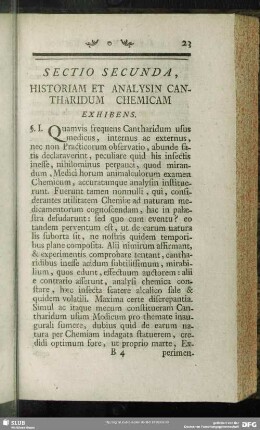 Sectio Secunda. Historiam Et Analysin Cantharidum Chemicam Exhibens