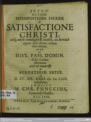 Actum pathopoeticum sacrum de satisfactione Christi ...