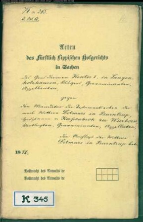 Kenter I, Gendarm in Langenholzhausen gegen Hauptmann von Kerssenbrock in Wierborn als Mandatar der Erben Witwe Detmar in Barntrup - Nachlass