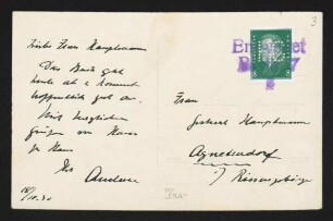 Brief von Fritz Andreae an Margarete Hauptmann